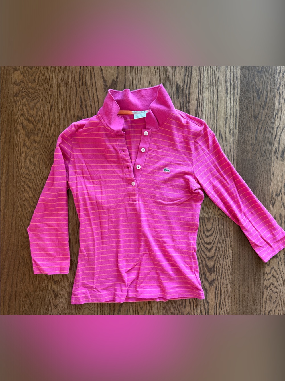 Lacoste Pink Striped 3/4 length sleeve Polo Shirt